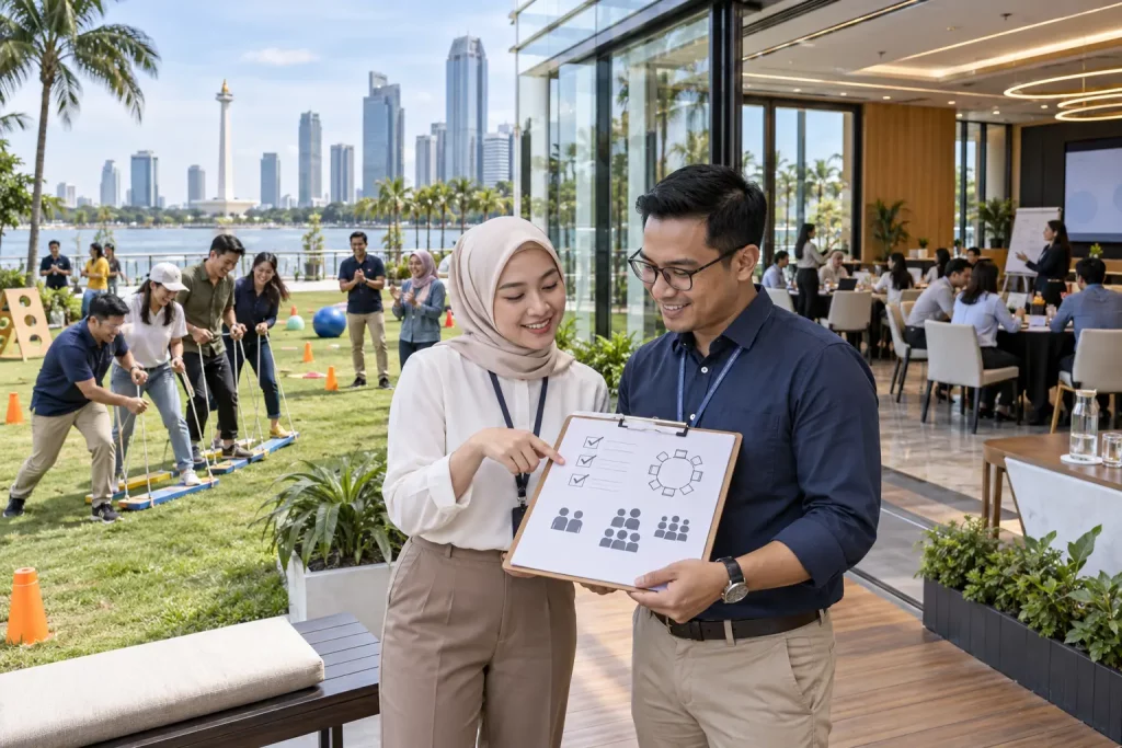 Karyawan mengikuti kegiatan gathering kantor di Jakarta