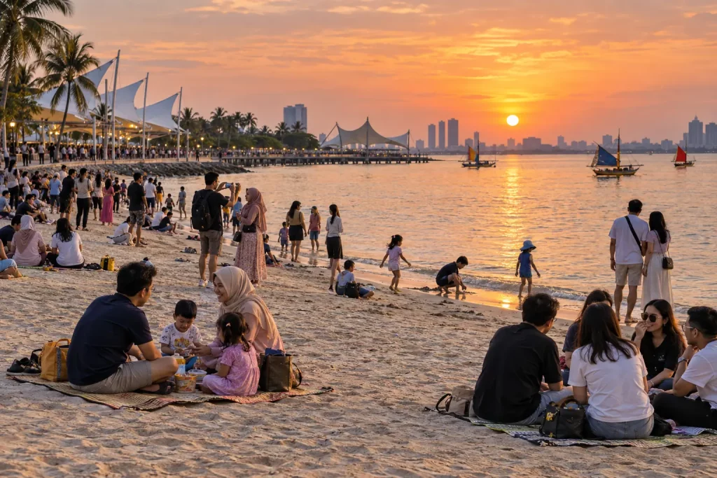 Pengunjung menikmati matahari terbenam di Pantai Ancol, Jakarta
